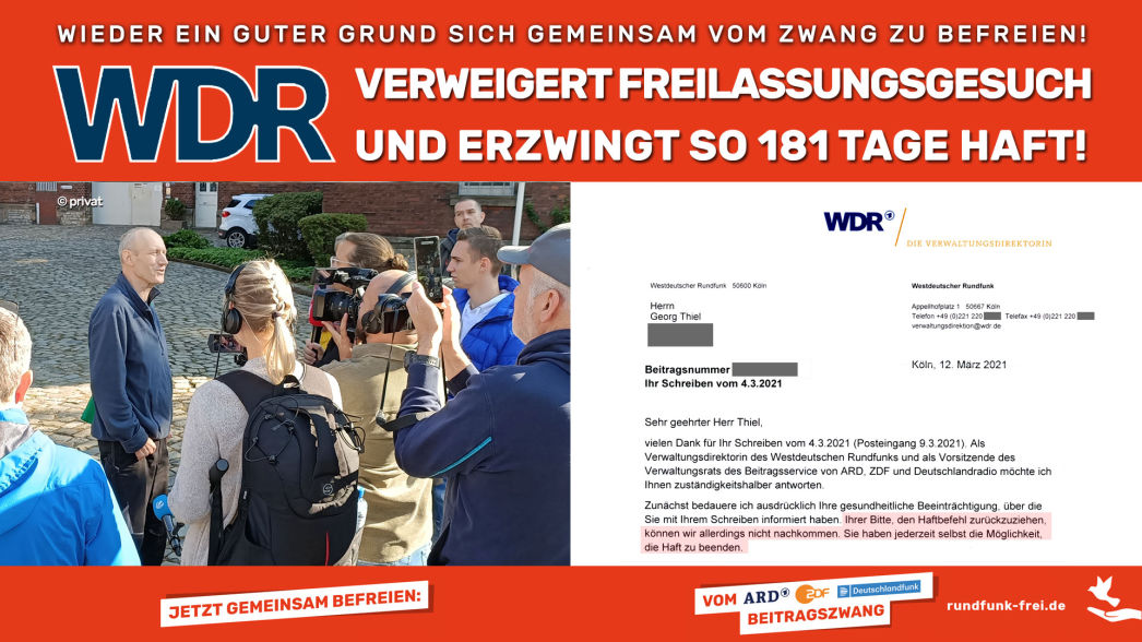 1. ZWANGSSYSTEM - Beispiel: Der WDR verweigert die Freilassung von Georg Thiel. Somit absolviert er 181 Tage Haft für die Freiheit.