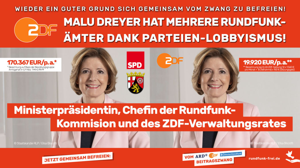 7. PARTEIENLOBBYISMUS - Beispiel: Malu Dreyer war gleichzeitig Ministerpräsidentin, Vorsitzende der Rundfunkkommission der Länder und Verwaltungsrats-Chefin des ZDF.